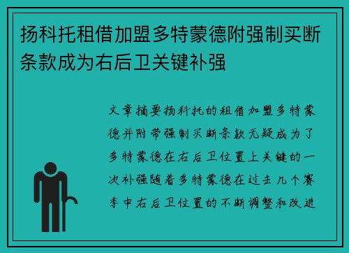 扬科托租借加盟多特蒙德附强制买断条款成为右后卫关键补强 扬科托租借加盟多特蒙德附强制买断条款成为右后卫关键补强